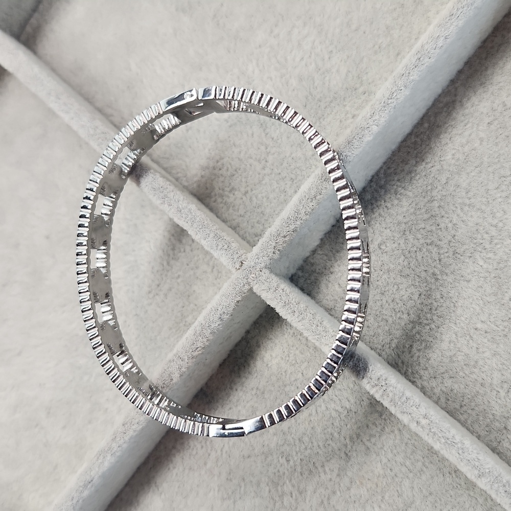Stainless Steel Silver Tone Clover Bangle, Pearl White, Simulated Diamond - Picture 4 of 8